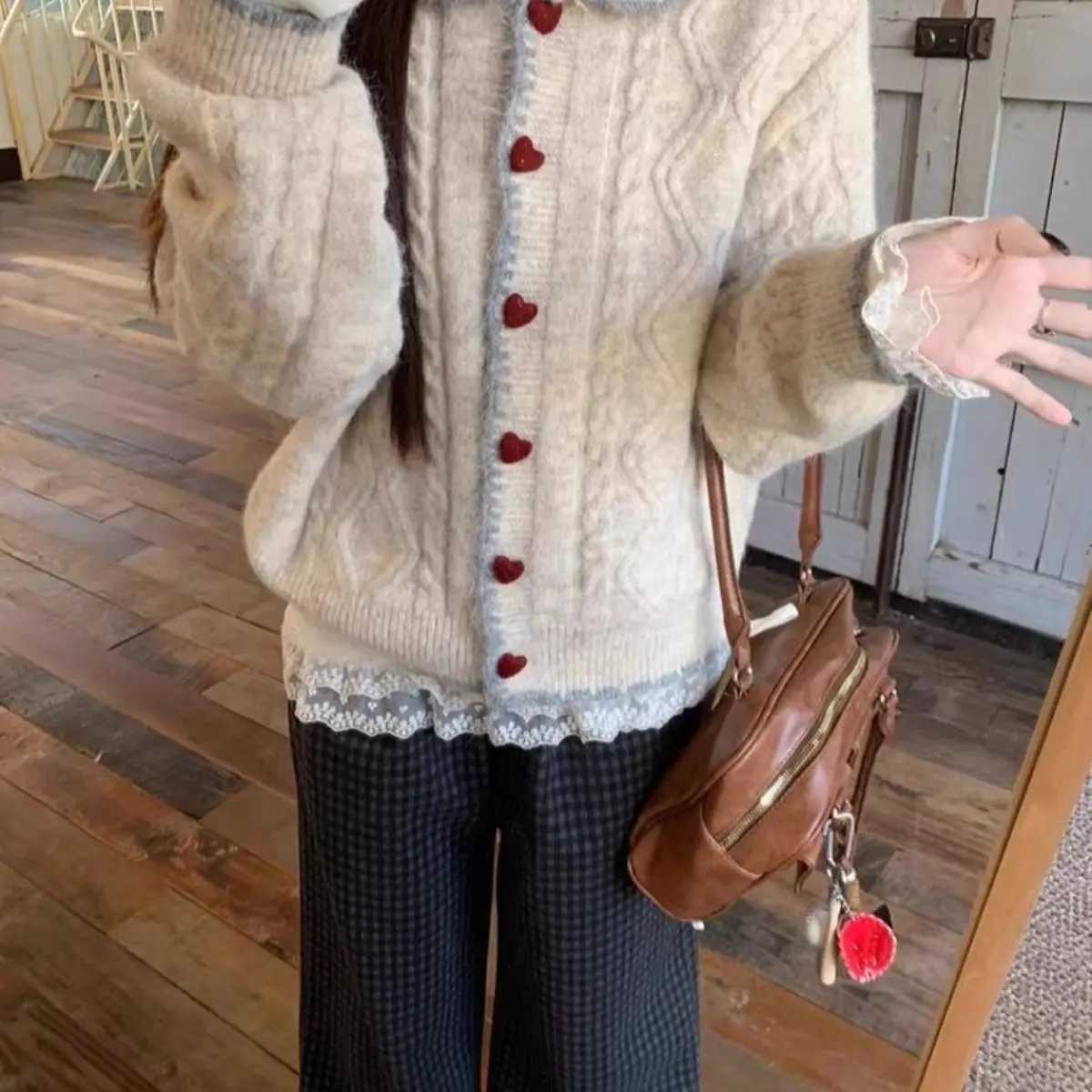 Autumn Winter Preppy Peter Pan Collar Knitted Cardigan Women Loose Soft Long Sleeve Sweater Coat Casual OutfitT251101
