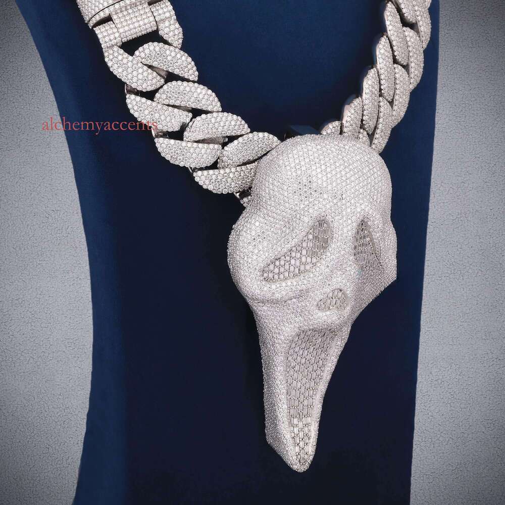 Moissanite Ghost Face Pendant Cuban Chain Iced Out Hip Hop Necklace in 925 Silver Custom Bling Jewelry for Men