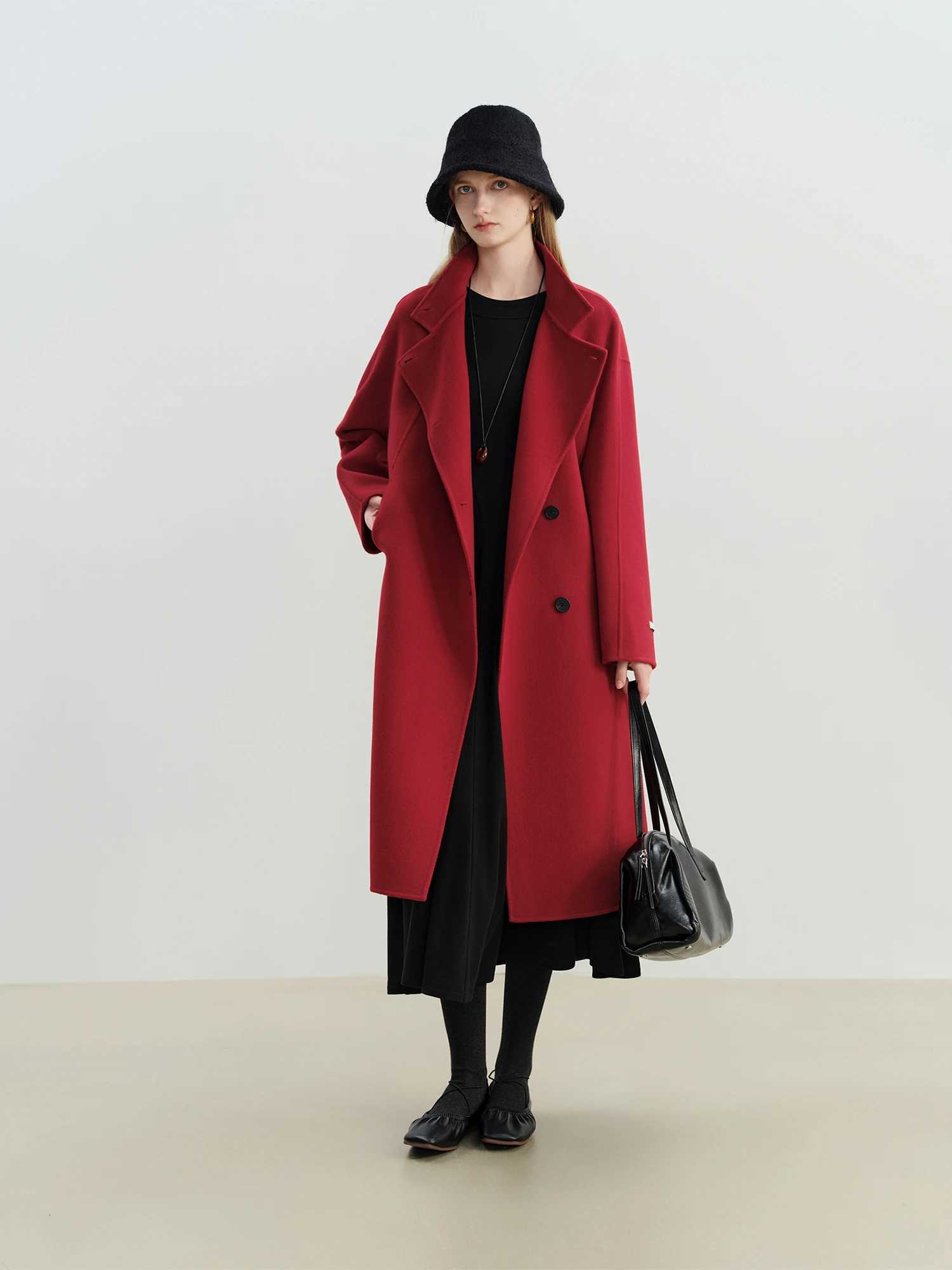 ZIQIAO New Year Red Doublefaced Woolen Coat for Women Kneelength Loose Single Breasted 2025 New Wool Coat TemperamentT251101