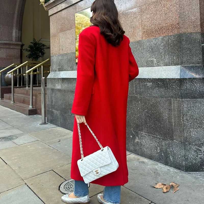 HXAO Winter Coats Woman 2024 Red Long Coats For Women Autumn Faux Wool Coat Casual Long Sleeve Coat Elegant Womens OvercoatT251101