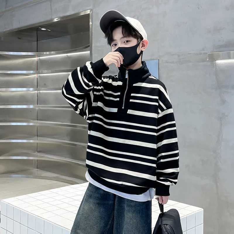 Fashion Casual Childrens Sweatshirt with Half Zipper for Big Boys Black White Striped Turtleneck Hoodie Kids Spring Autumn WearT251101
