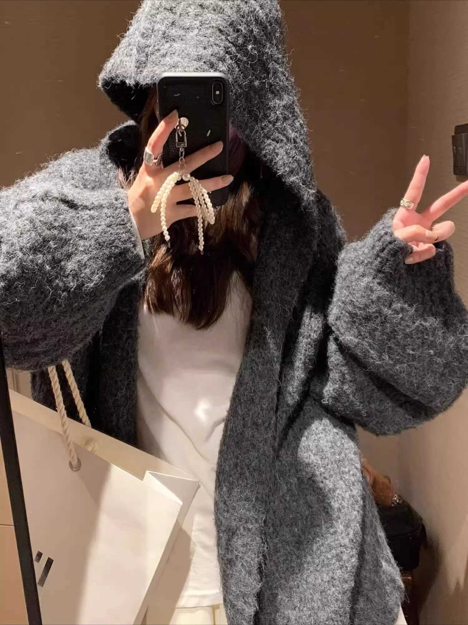 Autumn and Winter New Womens Clothing Hooded Womens Cardigan Lantern Sleeves Sweater Jacket Fashionable Loose KnitwearT251101