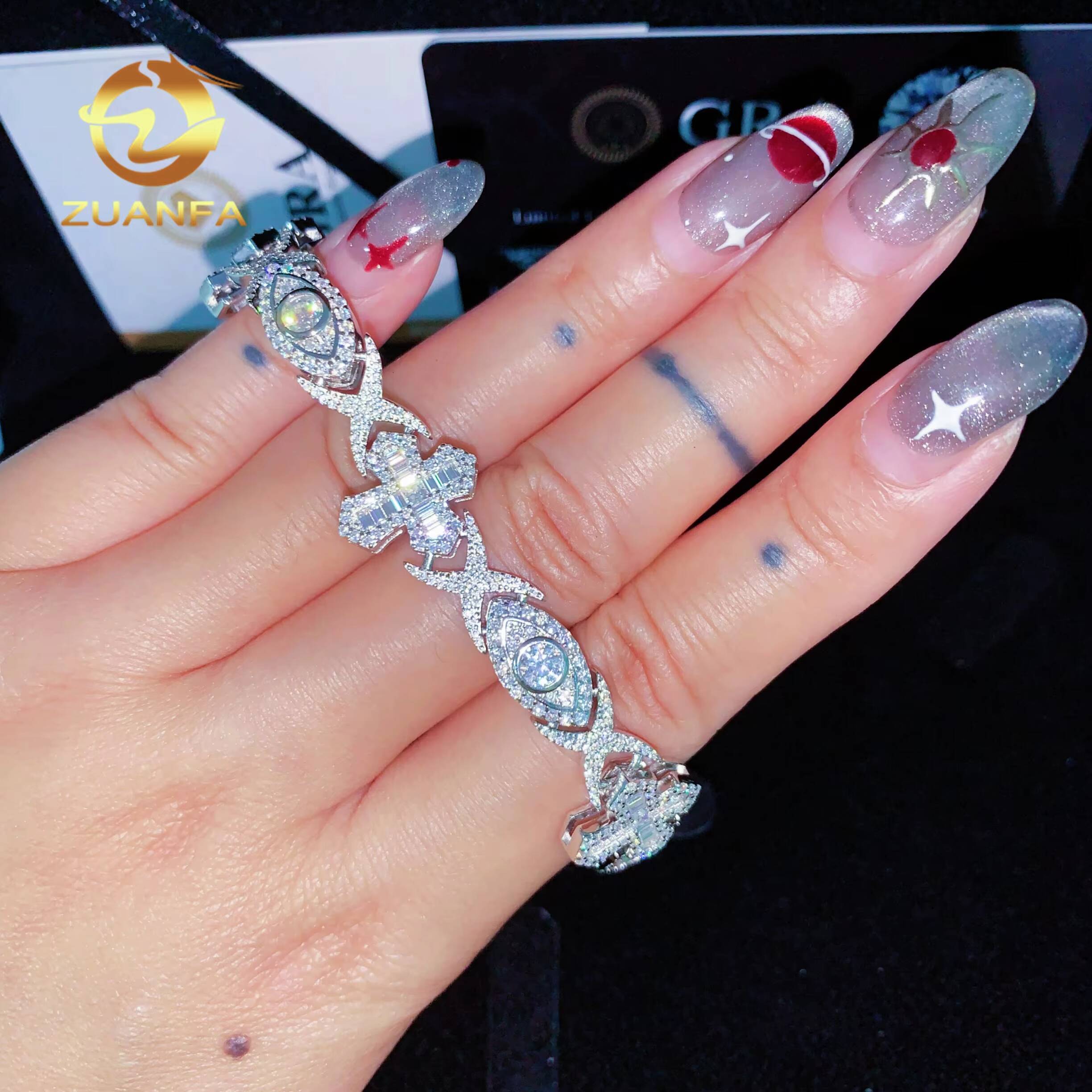 GRA Certified Cross Evil Eyes Baguette Moissanite Cross Bracelet Infinity Cuban Link Chain Moissanite Cuban Link Bracelet