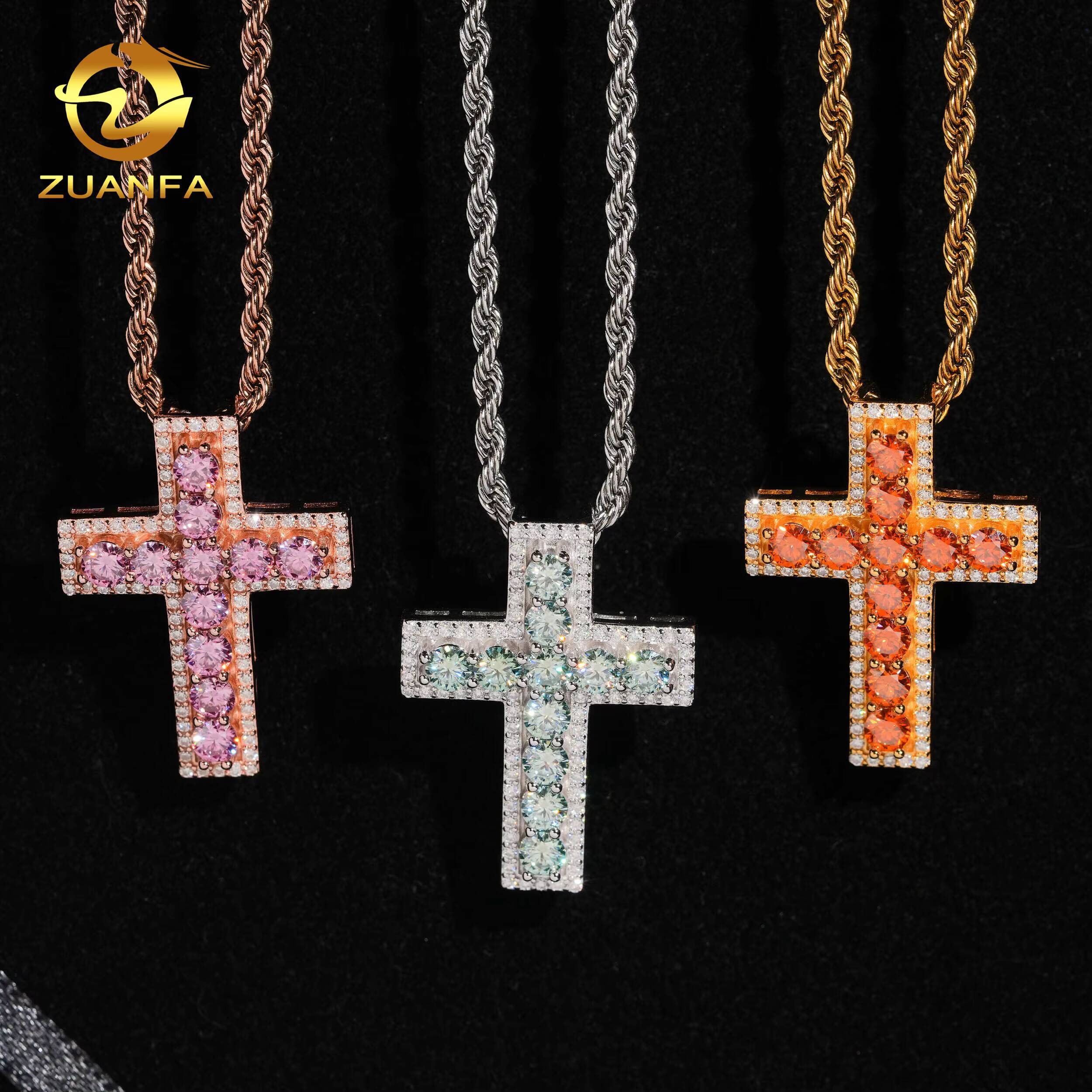 Ready to Ship Color Moissanite Hip Hop Jewelry Cross Iced Out Pendant Sterling Silver 925 Moissanite Charm Pendant