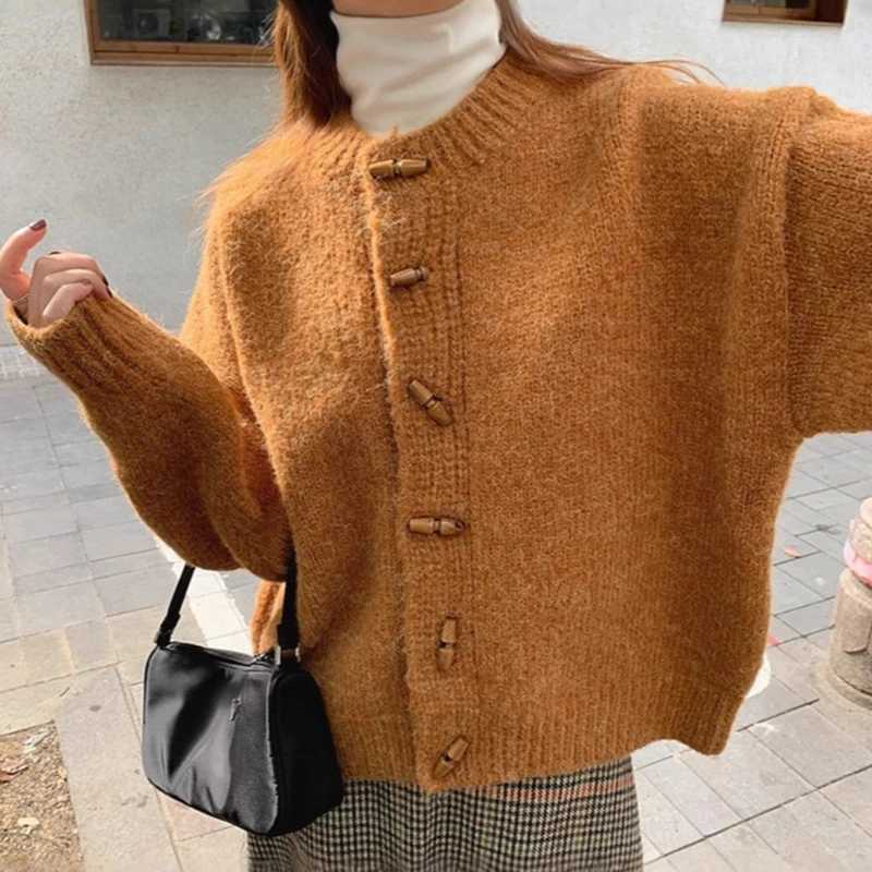 Retro Horn Button Sweater Cardigans Women Korean Round Neck Long Sleeve Knit Cardigan Woman 2025 Solid Color Warm Jumpers FemaleT251101