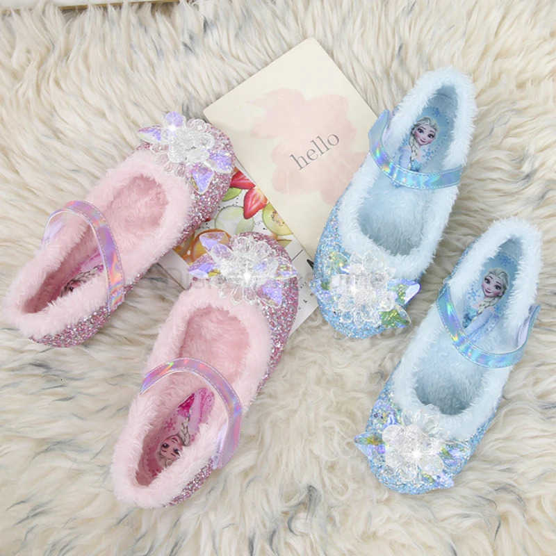 Disney Girls Plush Slippers Frozen Cute Childrens Princess Elsa Winter Cotton Slippers Baby Snow Home Pink Blue Shoes Size 23 H251101