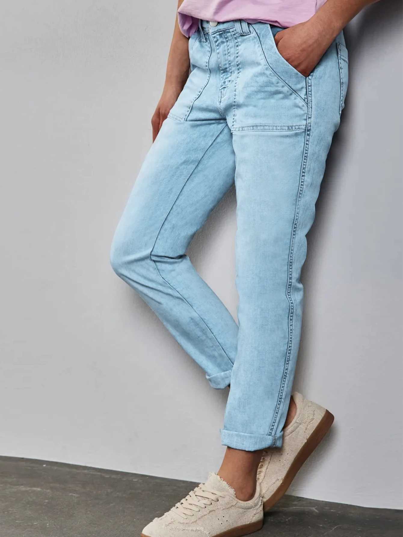 2025 autumn new womens washed light blue series comfortable ninepoint jeans cuff personality jeans casual allmatch kuan J251031