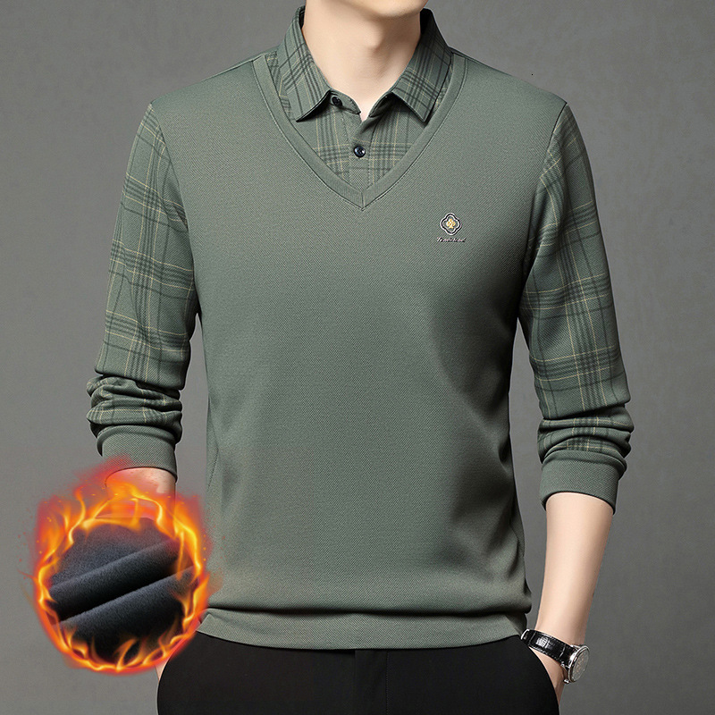 Winter New Fake Two-piece Long Sleeve T-shirt Designer T-shirt Men's Business Casual Fleece Lined Thickened Turn-down Collar Plaid Polo Shirt Top
