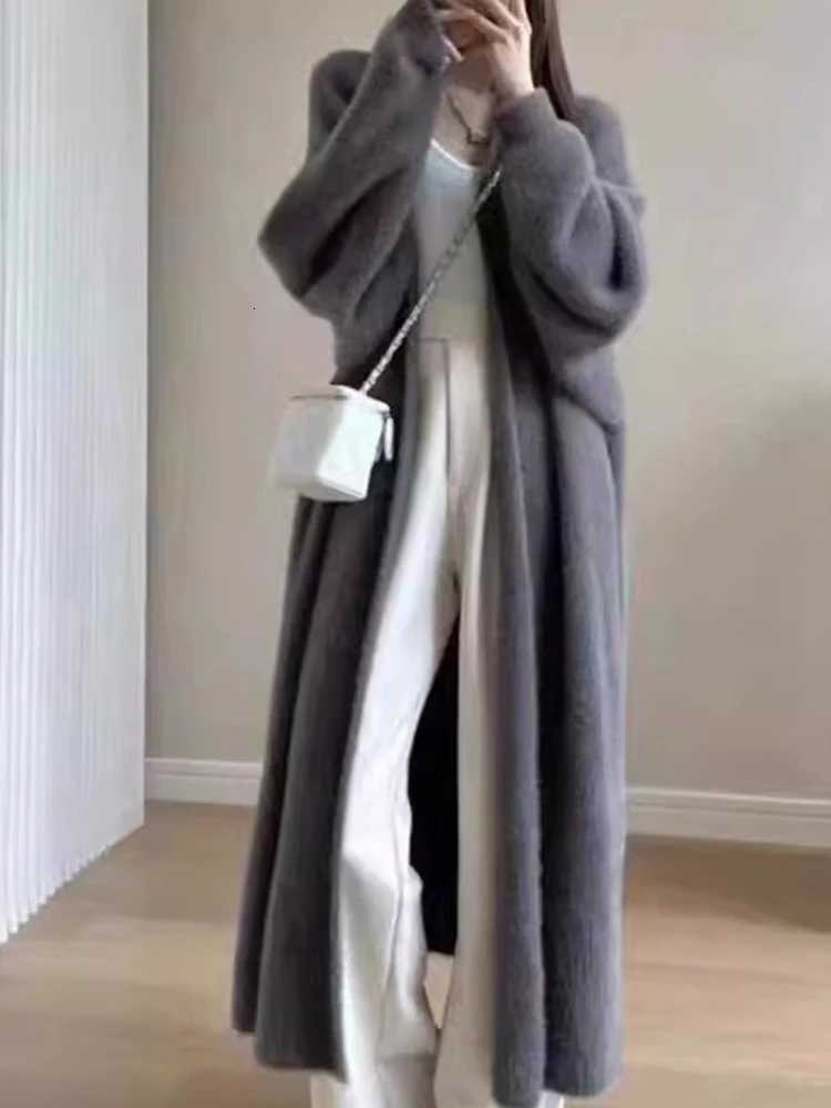 Autumn Winter Thickened Lazy Style Warm Knee Length Women Cardigan Pure Imitation Mink Fleece Knitted Sweater Women Warm CoatT251101