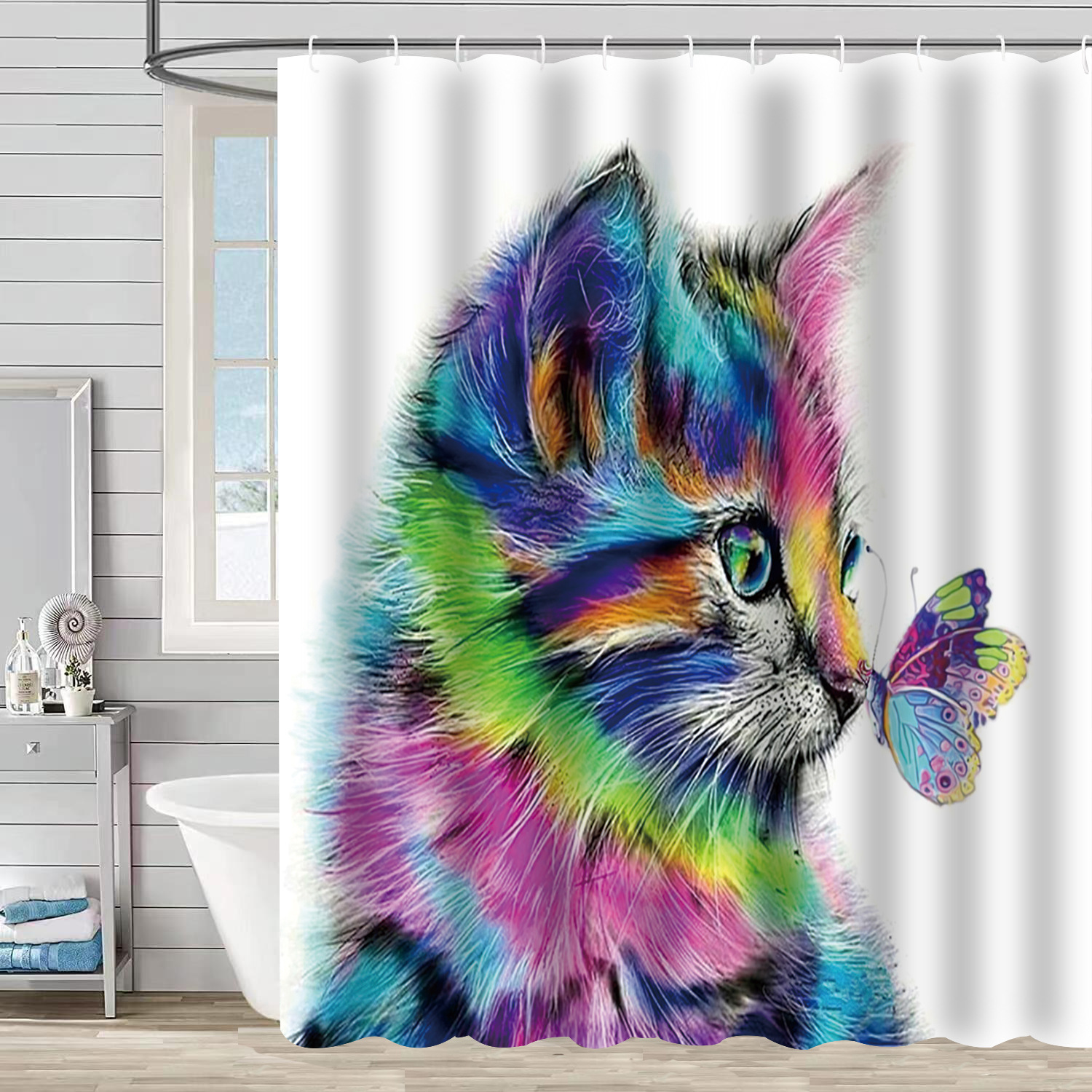 YL-37610 3D Digital Shower Curtain for Kitty Bathing, Bathroom Dry and Wet Separation, Polyester with Hooks, Isolation Curtain