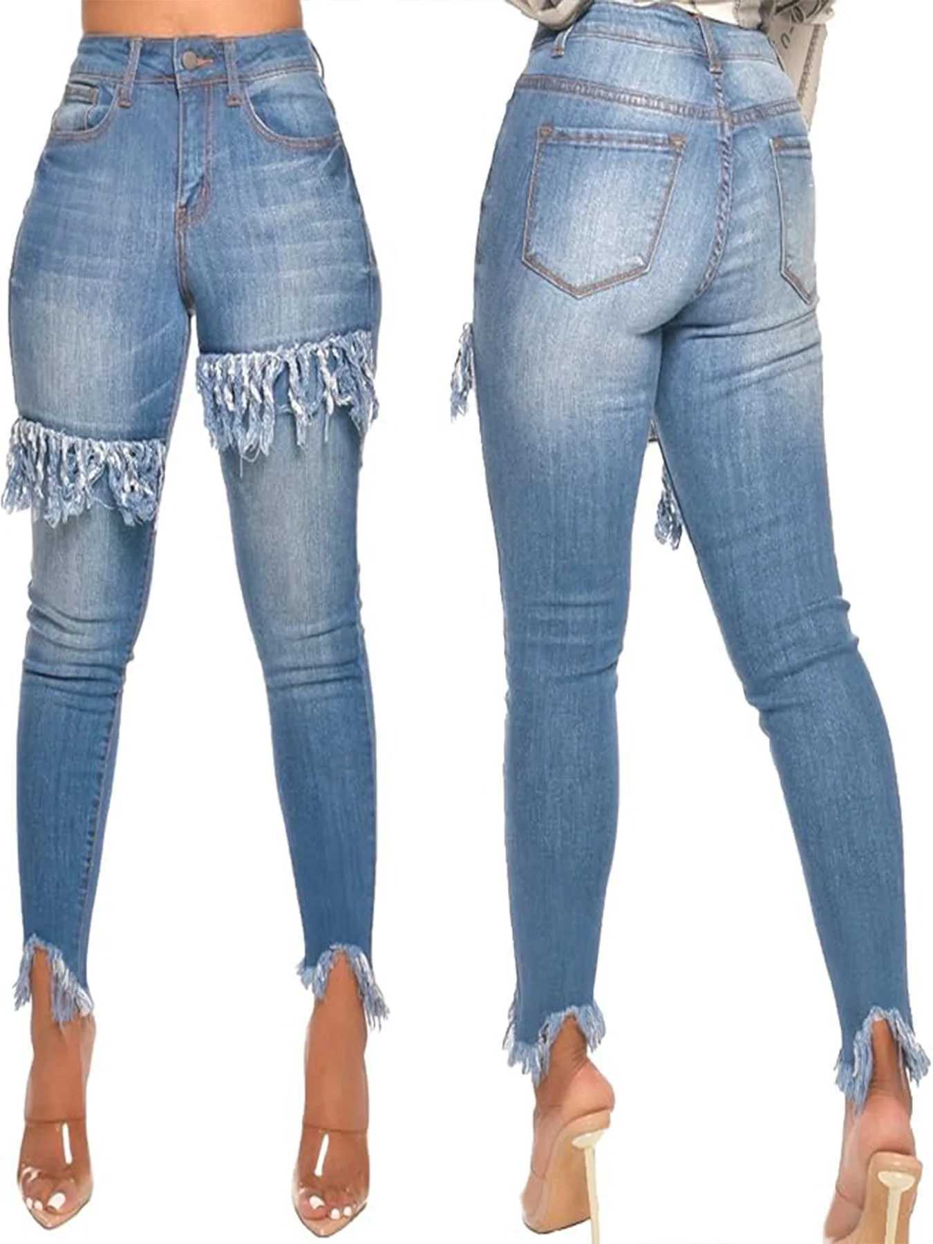 Womens wash light blue fashionable tassel fur edge design stretch slim casual ninepoint jeans J251031