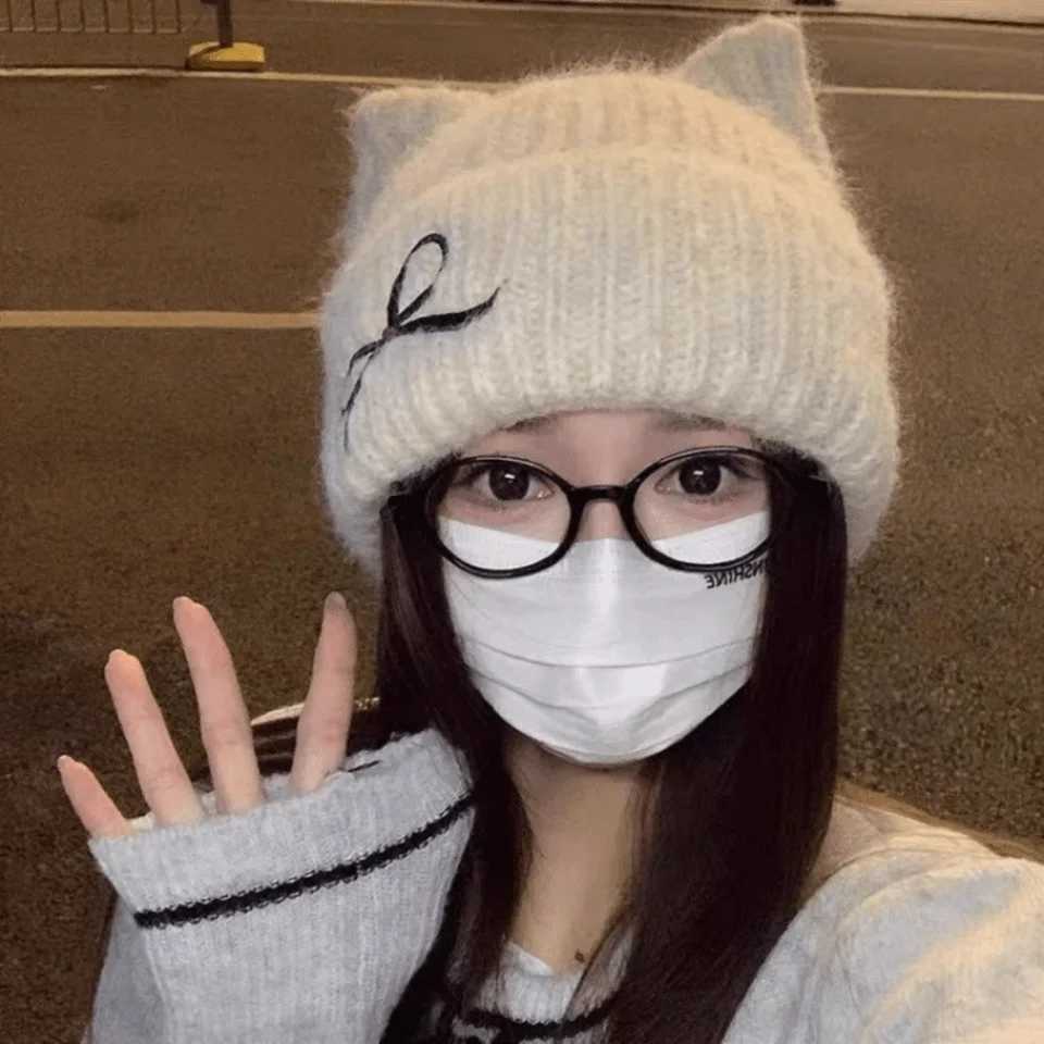Fashion Cat Ear Beanie Cap Windproof Thickened Knitted Woolen Hat Solid Color Winter Warm Crochet HatXJ251101