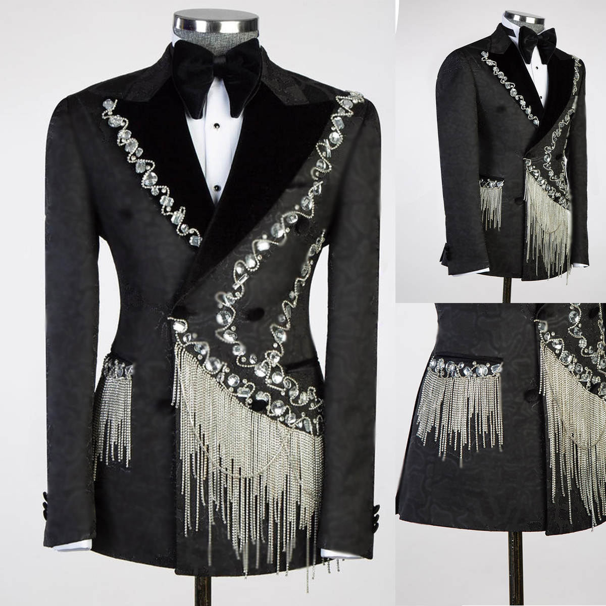 Noble Wedding Tuxedos Crystal Beading Peaked Lapel Men Suit Double Breasted 1 Piece Set Jacket Groom Business Blazers Customized