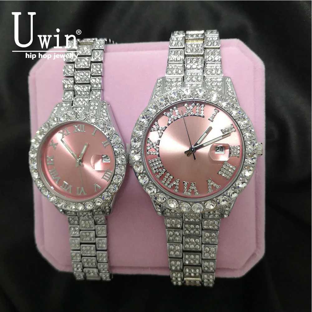 Uwin Womens Baby Pink Iced Out Quartz Clock Small Dial Luxury Rhinestone Waterproof Wrist Small Size For WomenW251031