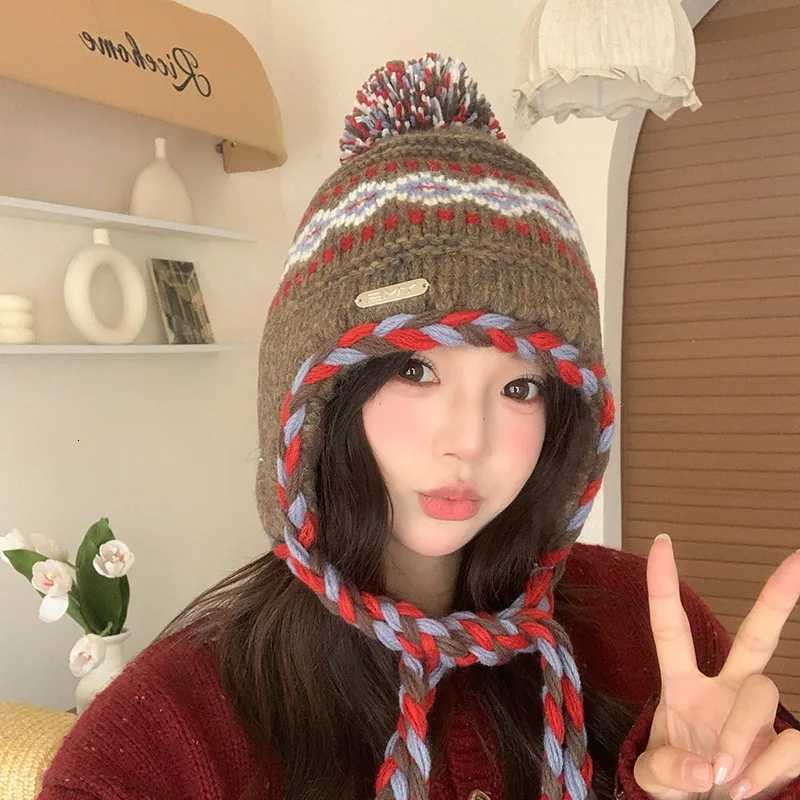 Fair Isle Knit Beanie Women Winter FleeceLined Warm Wool Hat Versatile EarCovering Beanie SoftXJ251101