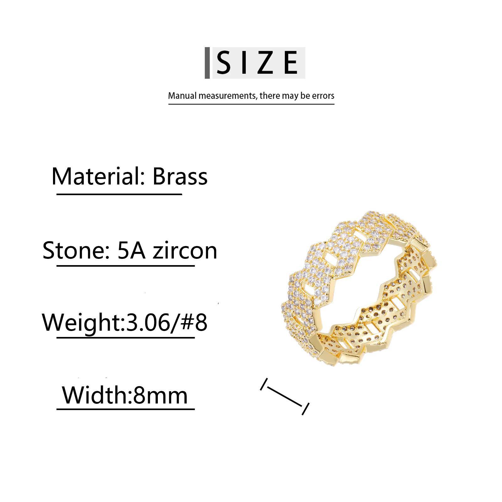 High Quality Classic Hip Hop Jewelry 8mm Gold Plated Brass Prong Setting 5A Cubic Zirconia Cuban Ring for Men