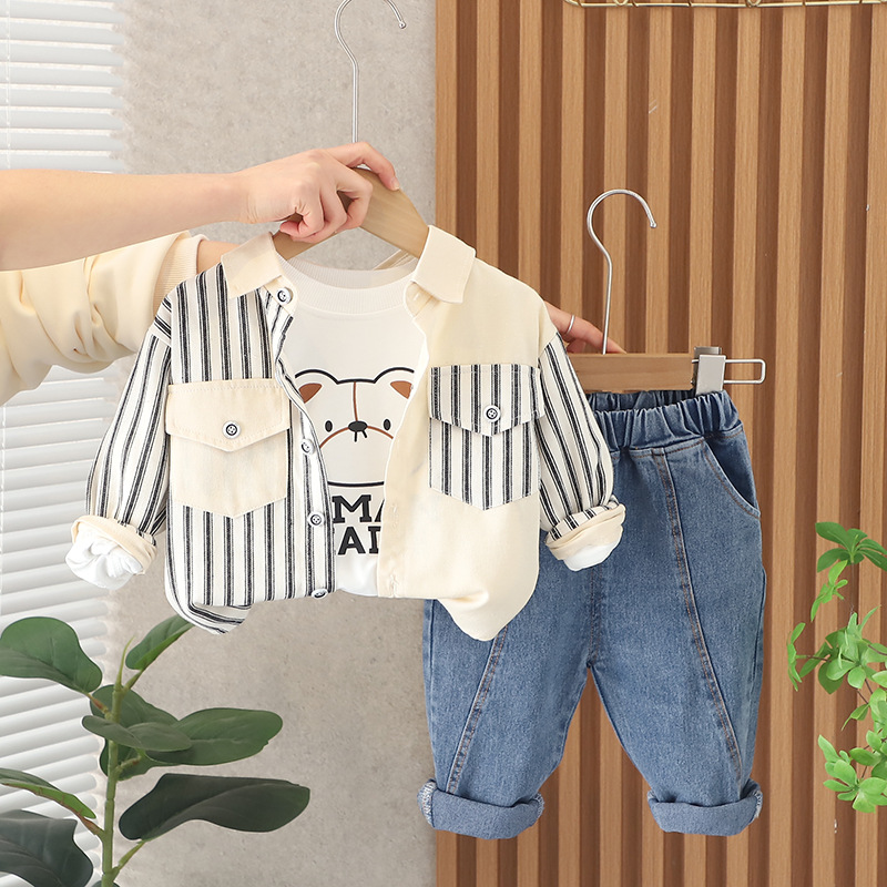 kids designer clothes 2025 Boys Shirt Set Striped Patchwork Long Sleeve Outfit Korean Style Spring Toddler Clothes