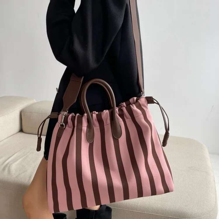Women's Bags Summer Women Mixed Colors Striped Canvas Large Capacity Totes Handbag Wide Strap Crossbody Bag Casual Shopping Shoulder Bags