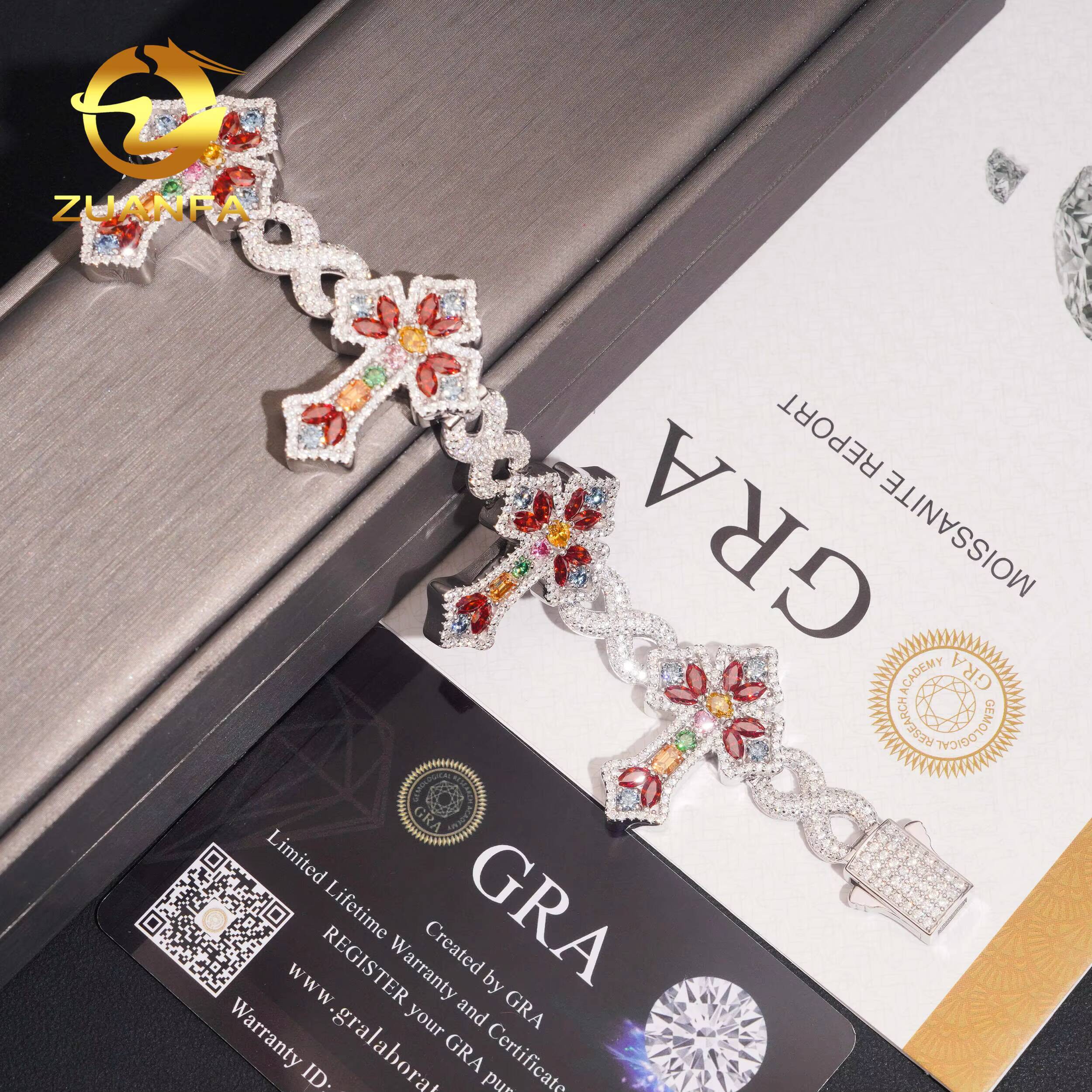 Hip Hop Jewelry 10mm Cross Moissanite Cuban Link Bracelet 925 Silver Multi Color Moissanite Diamond Bracelet Iced Out