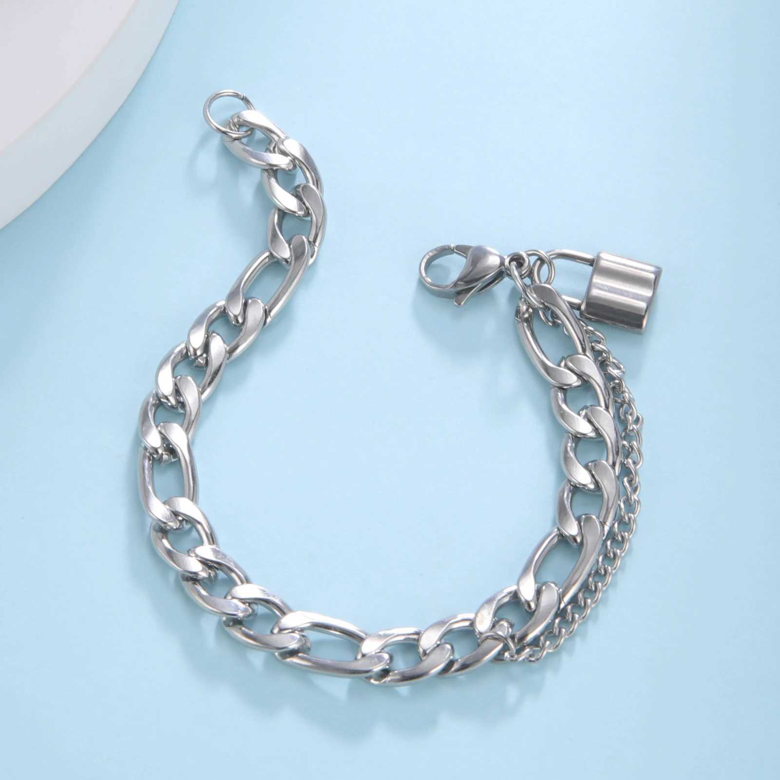 Skyrim Hip Hop Lock Pendant Bracelet Mens Stainless Steel Figaro Chain Bracelet Handmade Punk Party Jewelry Gift Y250329