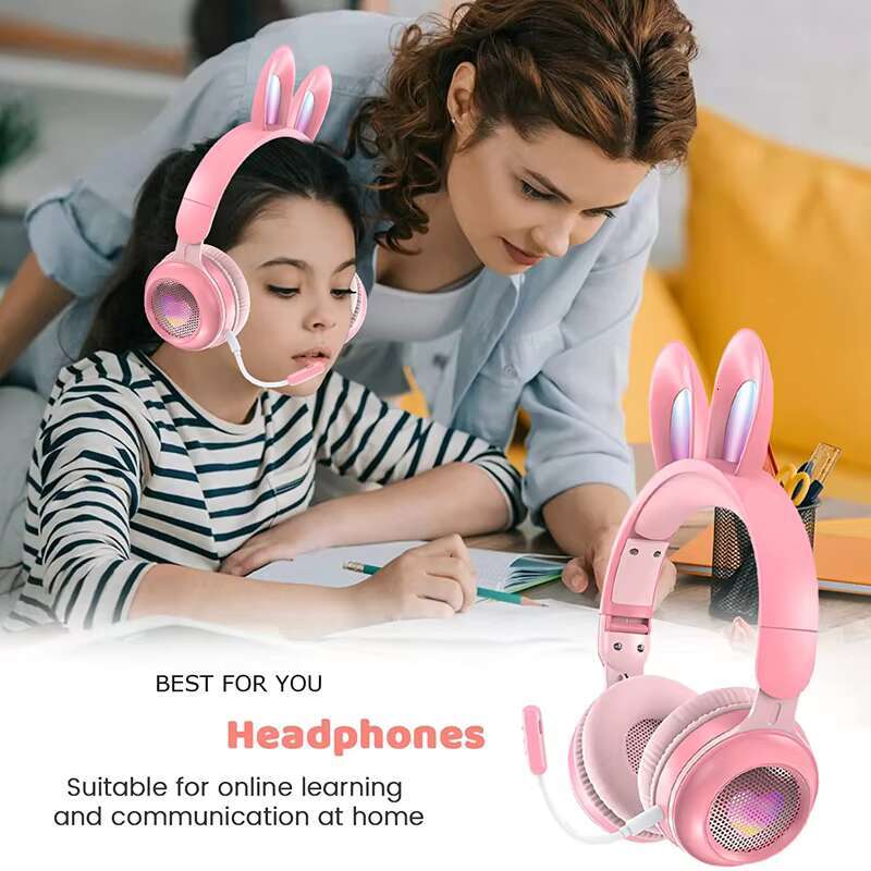 Drop Shipping Cheap LED Ear Gaming Pink Soft Leather No Wire Earphone Stereo Sound Wireless Rabbit Headphone Headsets With Mic