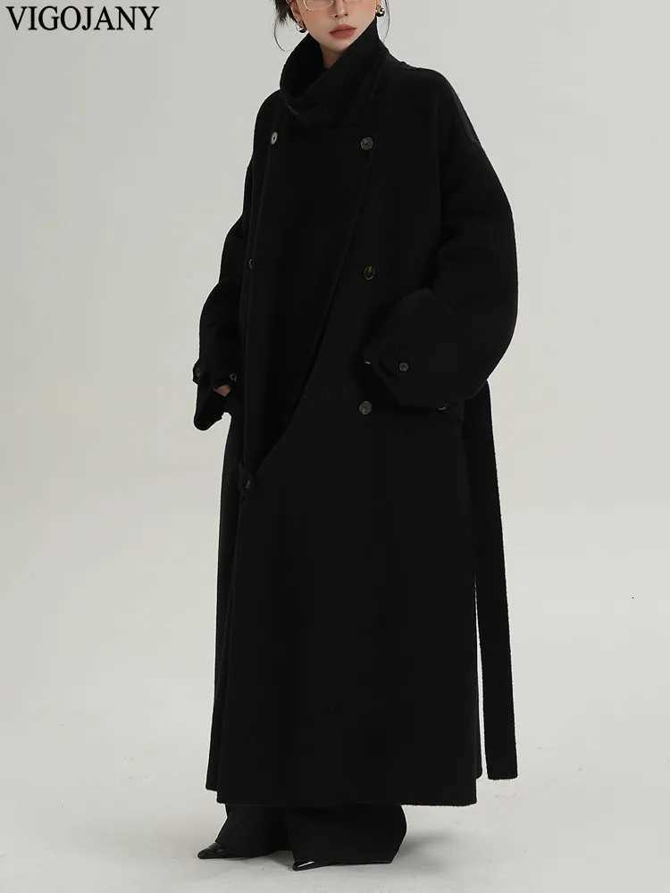 Winter Women Loose Nature 100 Wool Long Coat 2025 Casual Doublebreasted Cashmere Jacket Lady Black Long Sleeve Woolen CoatT251101