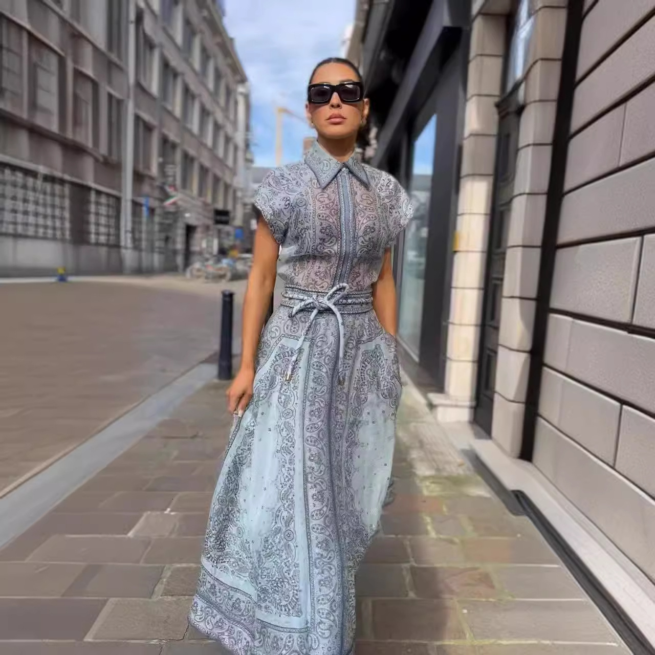 2023 Autumn/Winter New Fashion Show Printed Positioning Two Piece Set High End Shirt Top Tie Up Long Half Skirt