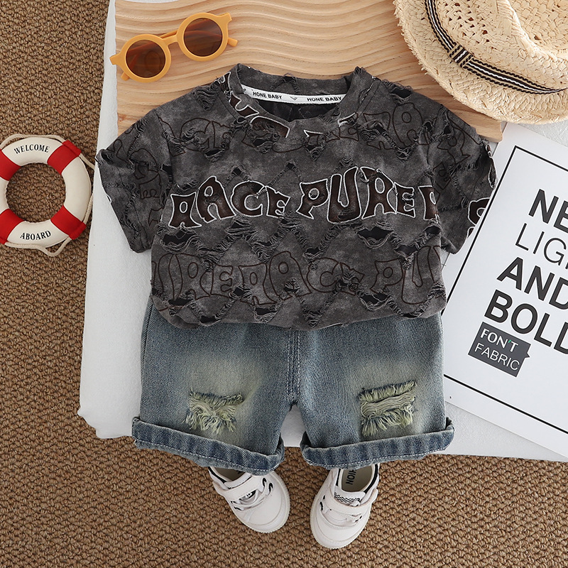 boys designer clothes 2025 Summer Boys Outfit Set Distressed T-shirt & Shorts 2 Piece Set Fashion Breathable Toddler Clothes