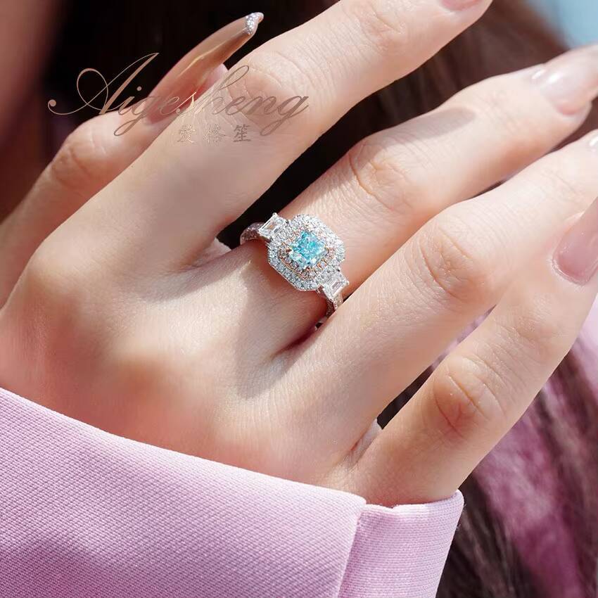 Aigesheng 18K White Gold and Natural White and Blue Diamond High End Wedding Ring Luxury Jewelry