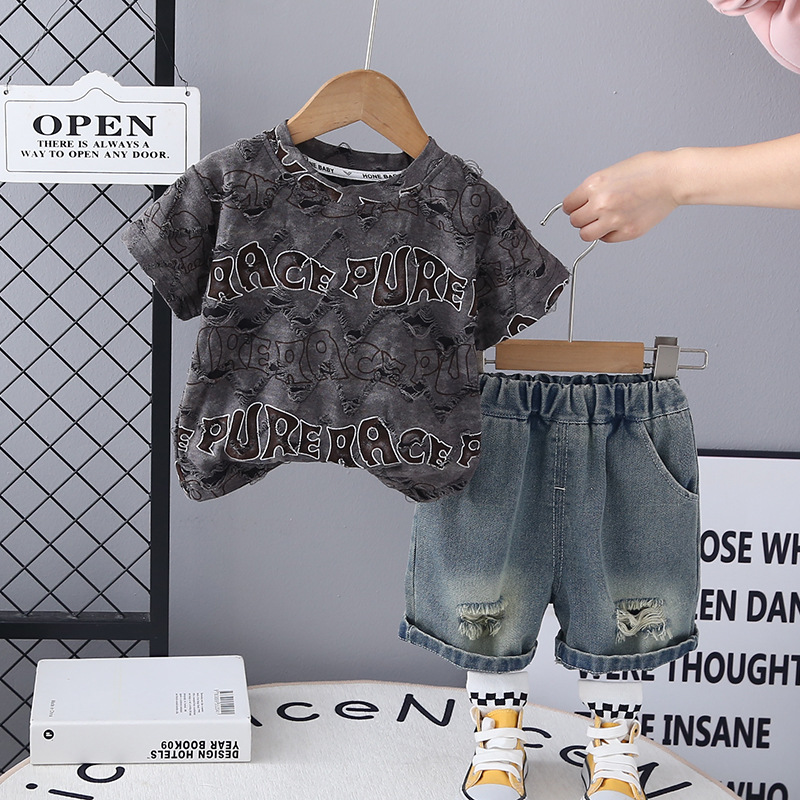 boys designer clothes 2025 Summer Boys Outfit Set Distressed T-shirt & Shorts 2 Piece Set Fashion Breathable Toddler Clothes