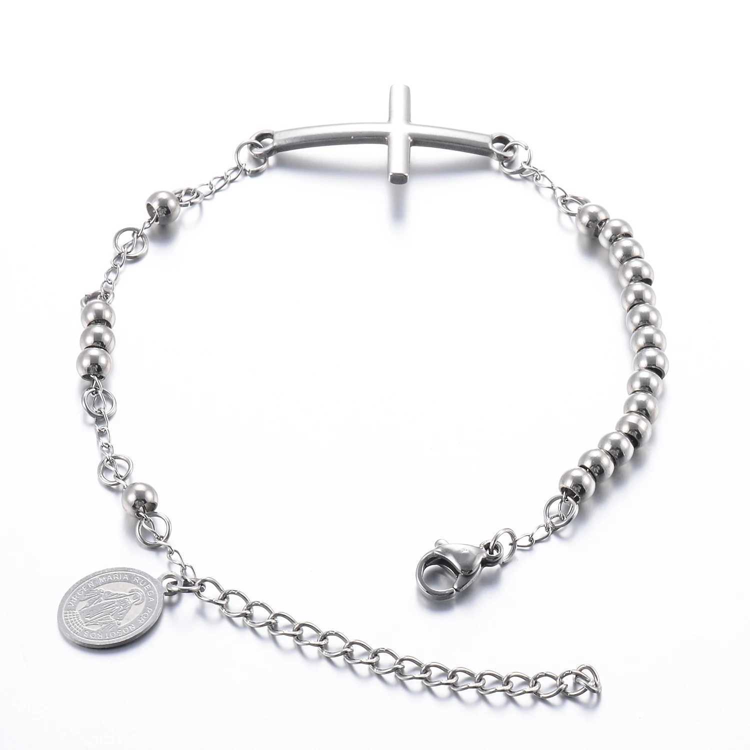 Stainless steel Jesus religious cross pendant bead chain bracelet mens and womens gold and silver Y250329