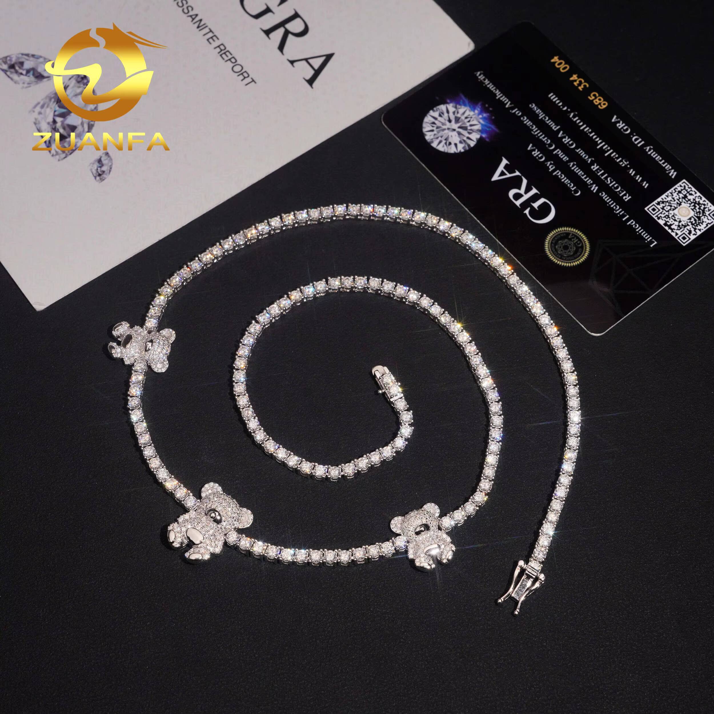 3d Cartoon Bear Charm Necklace Moissanite Tennis Chain Necklace 925 Solid Silver Iced Out Hip Hop Jewelry