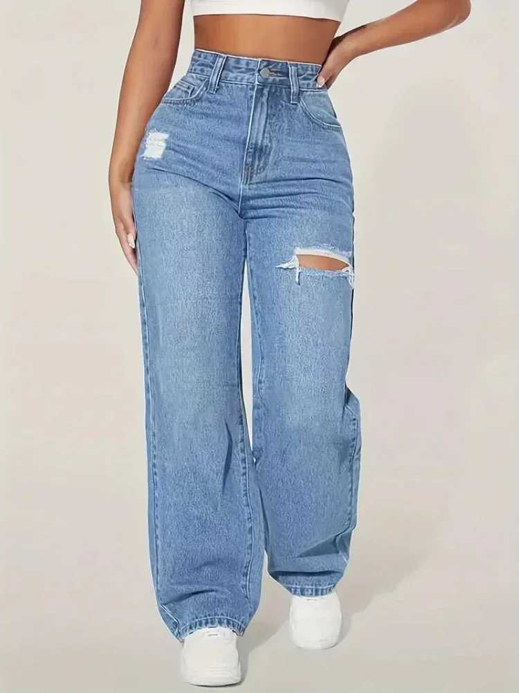 New Y2K Washed Blue Straight Loose Fit High Waist Hole Trousers 2025 Pants Womens Jeans Fashion Personality To Do Old Denim J251031