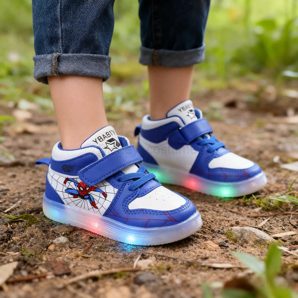 Disney Childrens Sneakers Boys Girls Spiderman Led Light Sport Shoes Student Shoes Hook Antislip Kids Outdoor Basket Shoes H251101