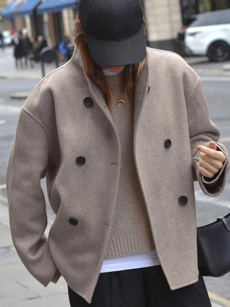 Brown French Style Vneck Doublebreasted Woolen Jacket European American New Autumn Winter Suit Womens Clothing Winter CoatT251101