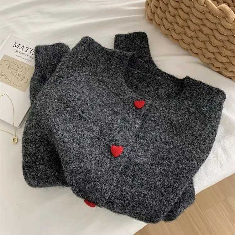 Dark Grey Knitted Cardigan Womens AutumnWinter Vintage Soft Supple Warm Heart Button Raglan Sweater Jacket Crew Neck StyleT251101