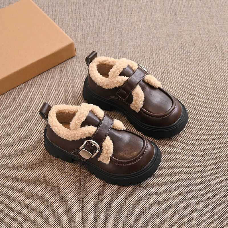Kids Flat Shoes Suede Warm for Winter Children Leather Shoes Round Toes 2025 Winter New Girls Princess Shoes Soft Bottom BritishT251101