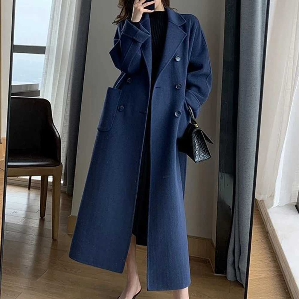 Autumn Winter 2025 Coat Women Chic Decent Solid Color Double Breasted Long Sleeve Lapel Long Office Lady Coat For WomenT251101
