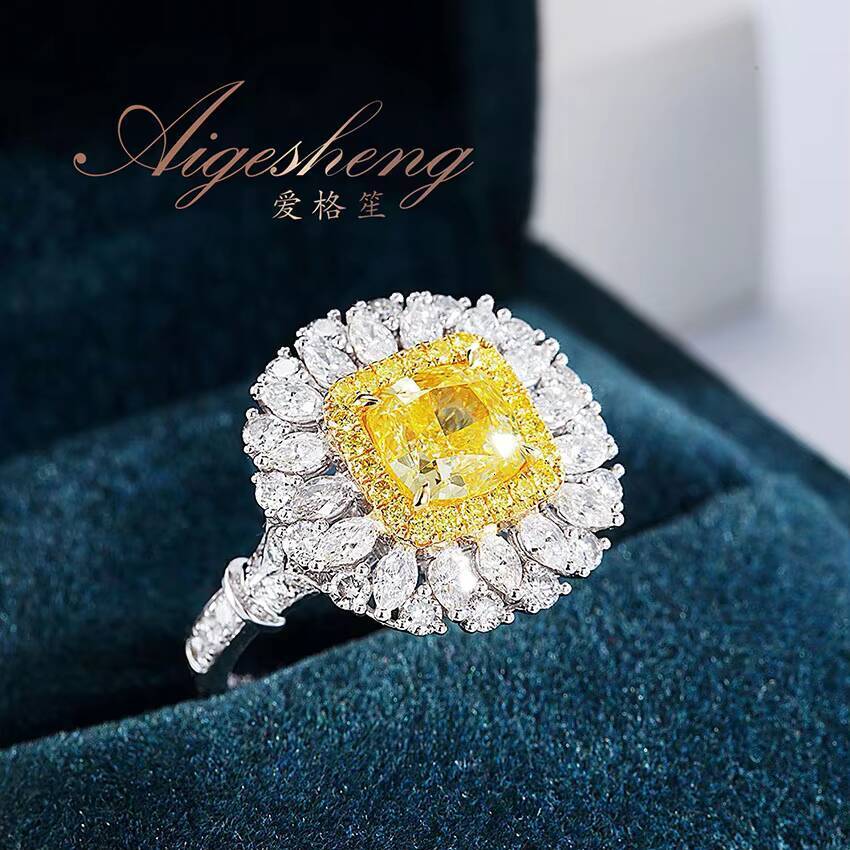 Aigesheng Jewelry 18K Real White Gold and Natural Water Drop Diamonds and Natural Yellow Diamond High Luxury Ring for Women