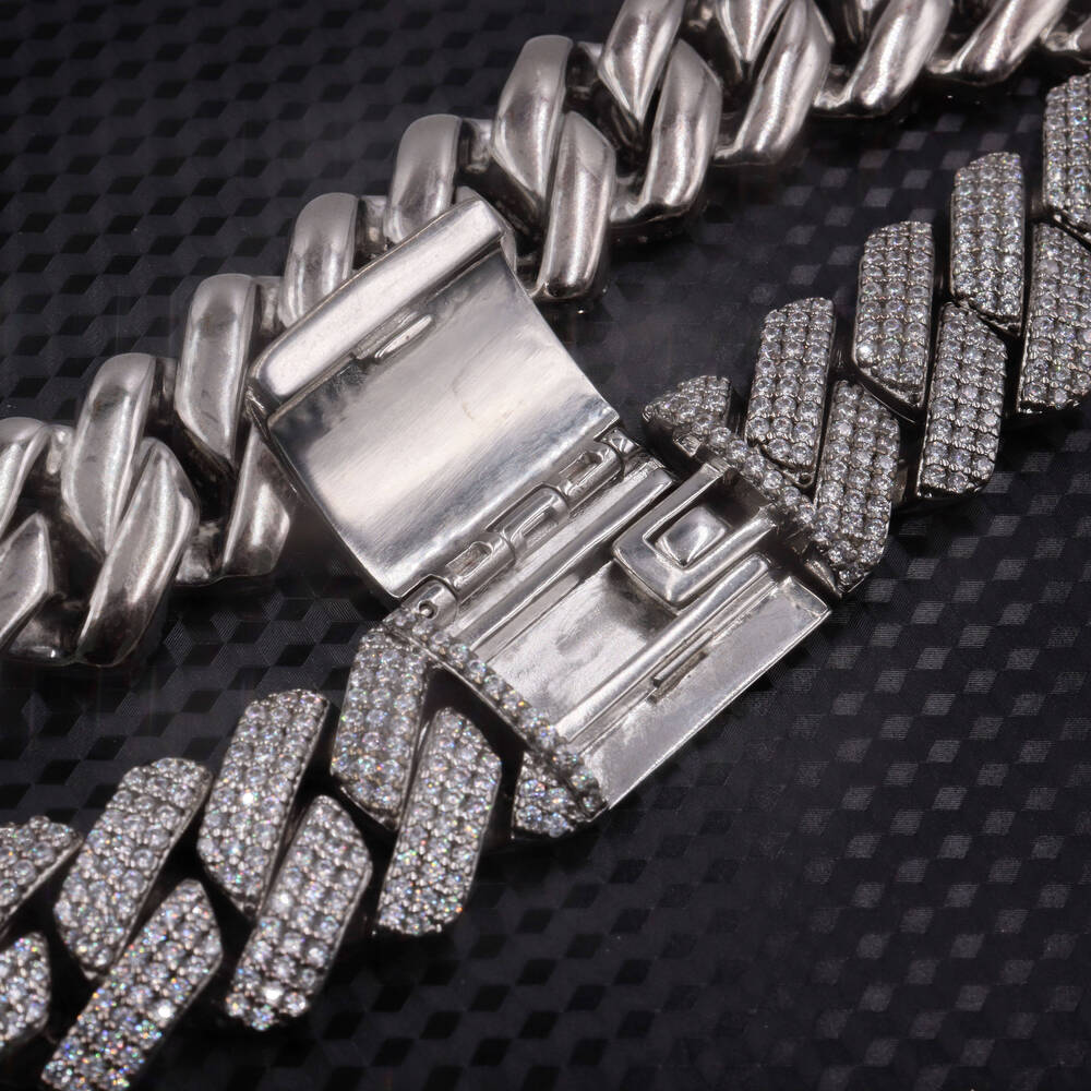 Threerow Stone Cuban Chain Moissanite Ice Crystal Hiphop Silver Necklace Cuban Chain High Jewelry Mens 16mm 18mm 20mm