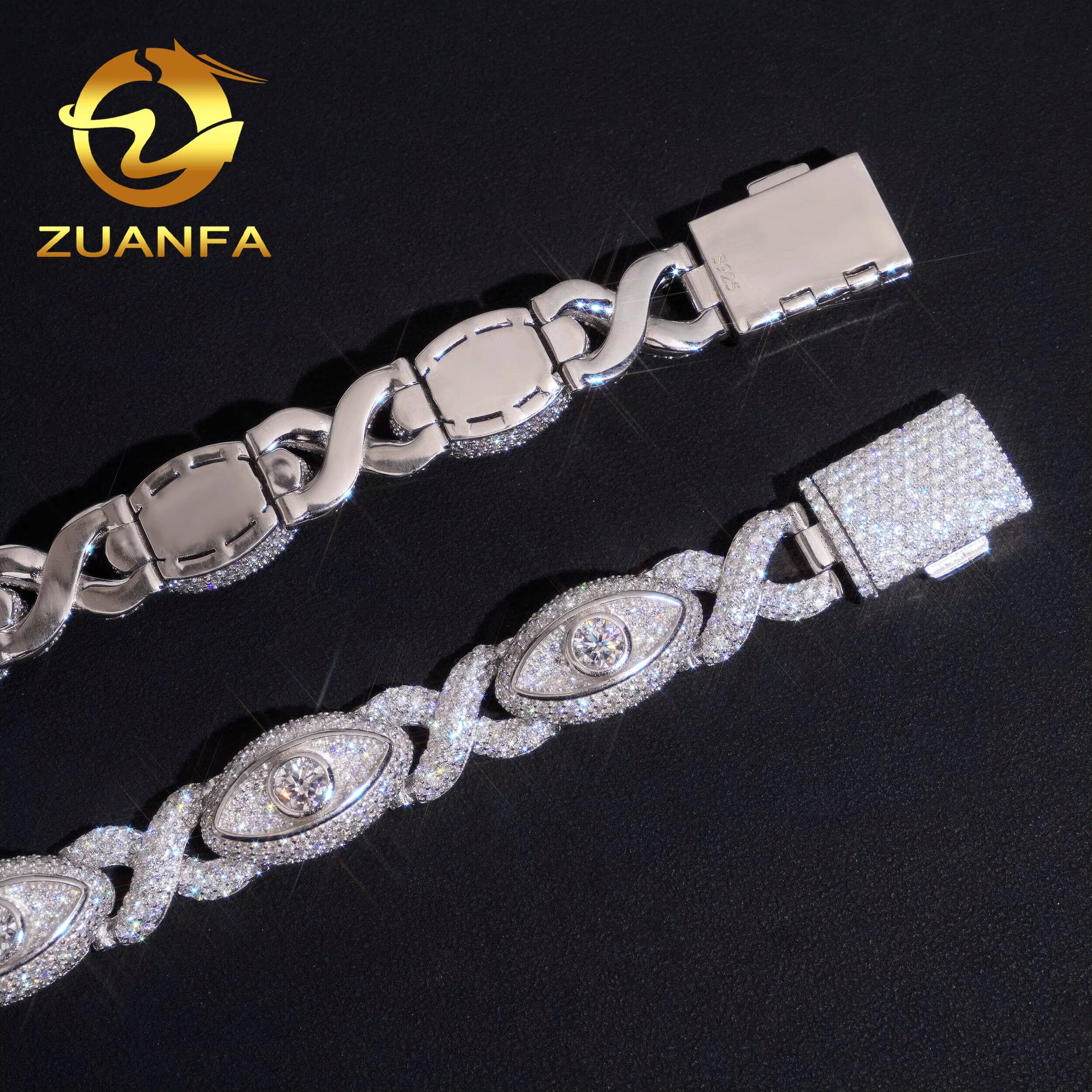 15mm Iced Out Moissanite Diamond Bracelet Eyes Design 925 Silver Hip Hop Jewelry Unisex Moissanite Cuban Link Bracelet