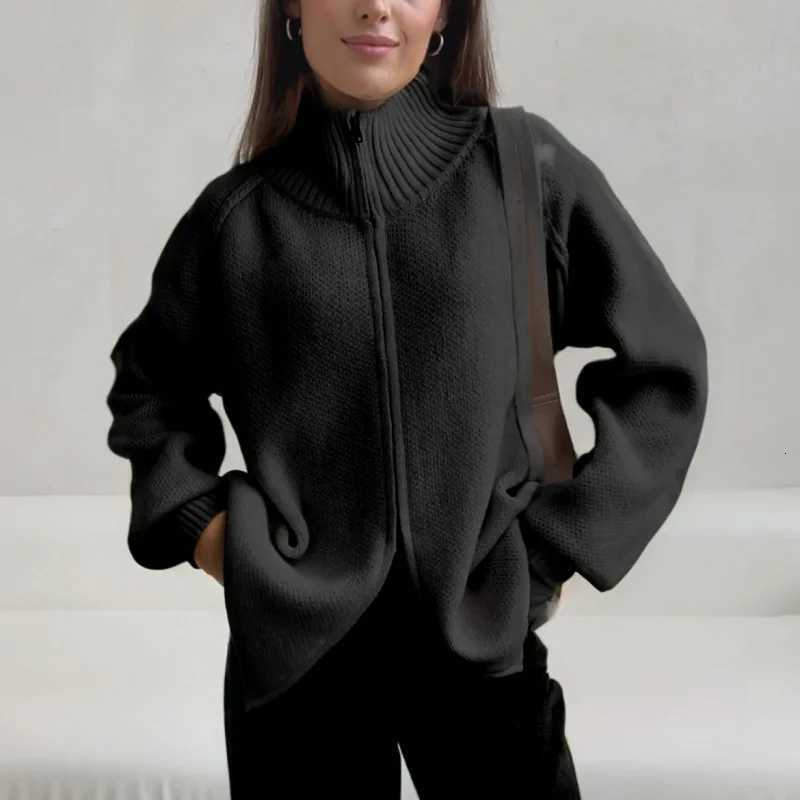 European and American Solid Color Stand Collar Knitted Cardigan for Women Autumn Winter New Thickened Zipper Sweater Coat TopT251101