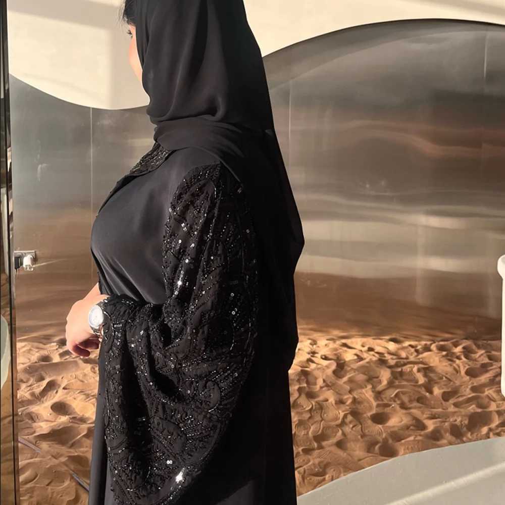 2025 Ramadan Black Open including headscarf Turban Abaya Dubai luxury Islamic clothing slim dress black beads Dubai Abaya womens W250401