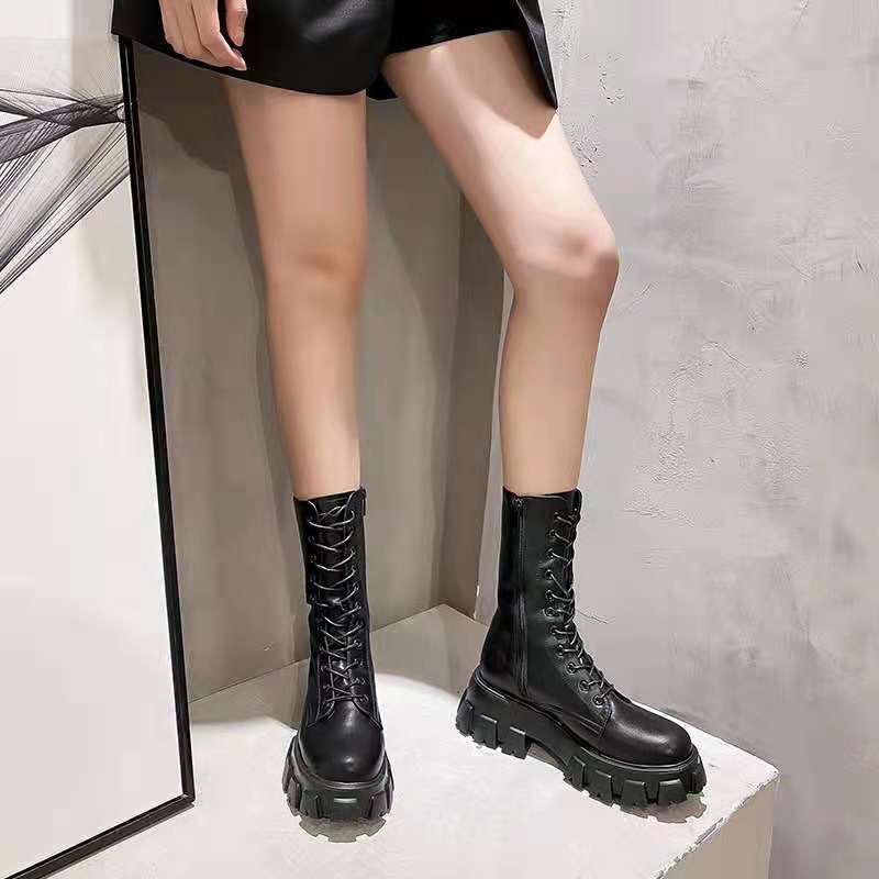 Designer Boots Vintage Style Women's Motorcycle Boots Chunky Heel & Sole Lace Up Mid Calf Combat Boots Gothic Platform Boots Free Shipping
