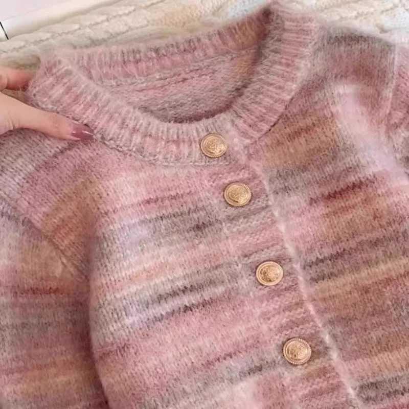 Women Elegant Slim Oneck Warm Vintage Knitted Cardigan Autumn Winter New Chic Button Soft Single Breasted Striped SweaterT251101