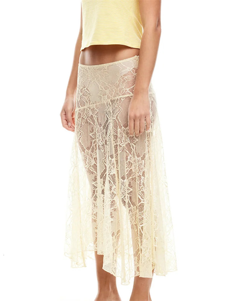 CHRONSTYLE Women Midi Skirts Lace Floral Irregular Hem Elastic Low Waist Skirts Summer Casual See Through Skirts Streetwear 250401