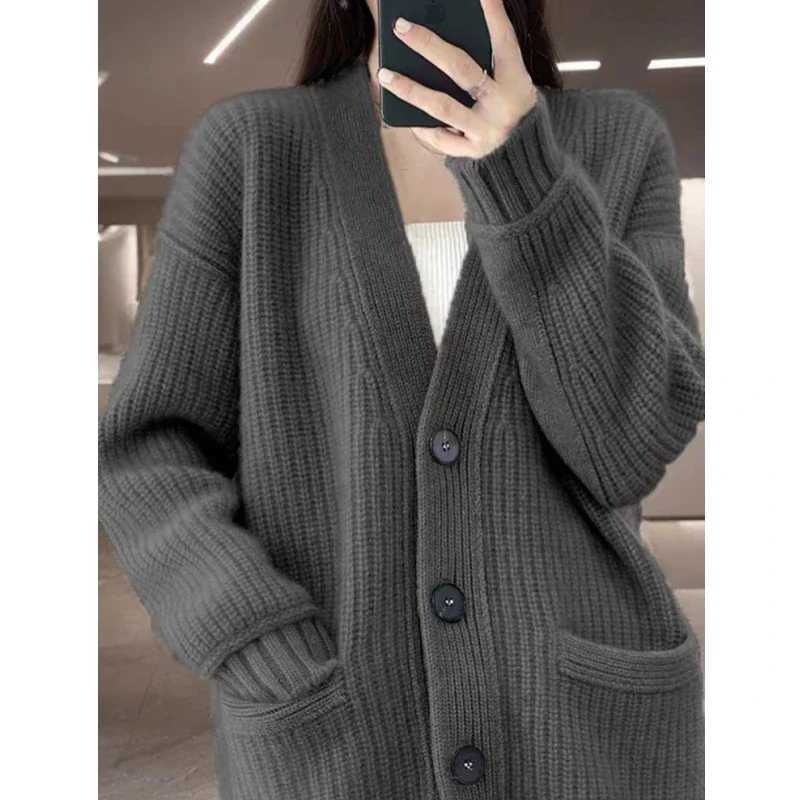 AutumnWinter Gentle Style Vneck Cardigan Loose Long Sleeve Women Sweater Casual Knitted Shirt Fashion Solid Coats with PocketsT251101