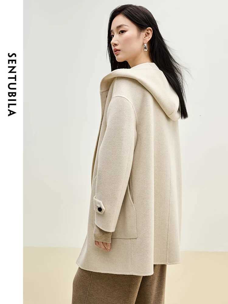 SENTUBILA Double Sided 100 Woolen Coat 2025 Winter Midlength Straight Bull Horn Buckle Female Hooded Outwear W44O55979T251101