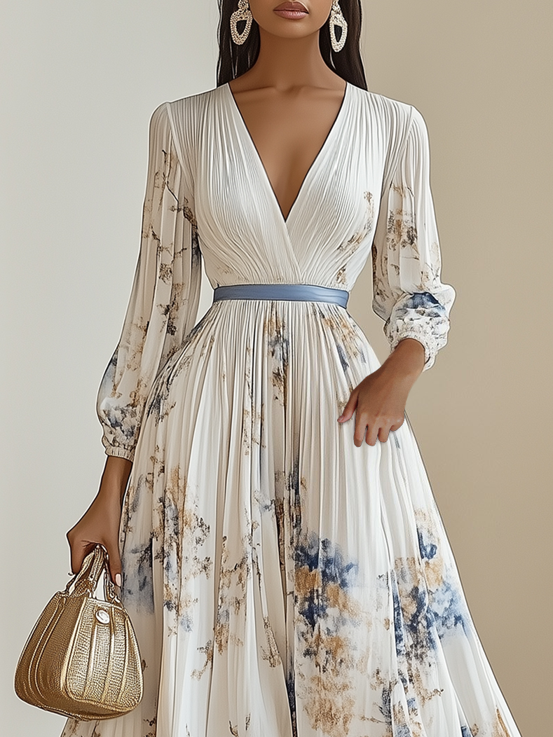 Women's Floral Print Pleated Maxi Dress, Deep V-Neck Long Sleeve Belted Evening Gown for Party & Formal Events
