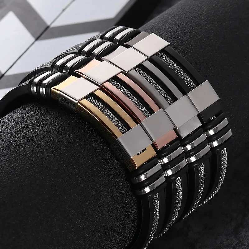 Fashion stainless steel bracelet mens wristband black groove Rudder silicone mesh buckle inserted punk wristband casual bracelet Y250329